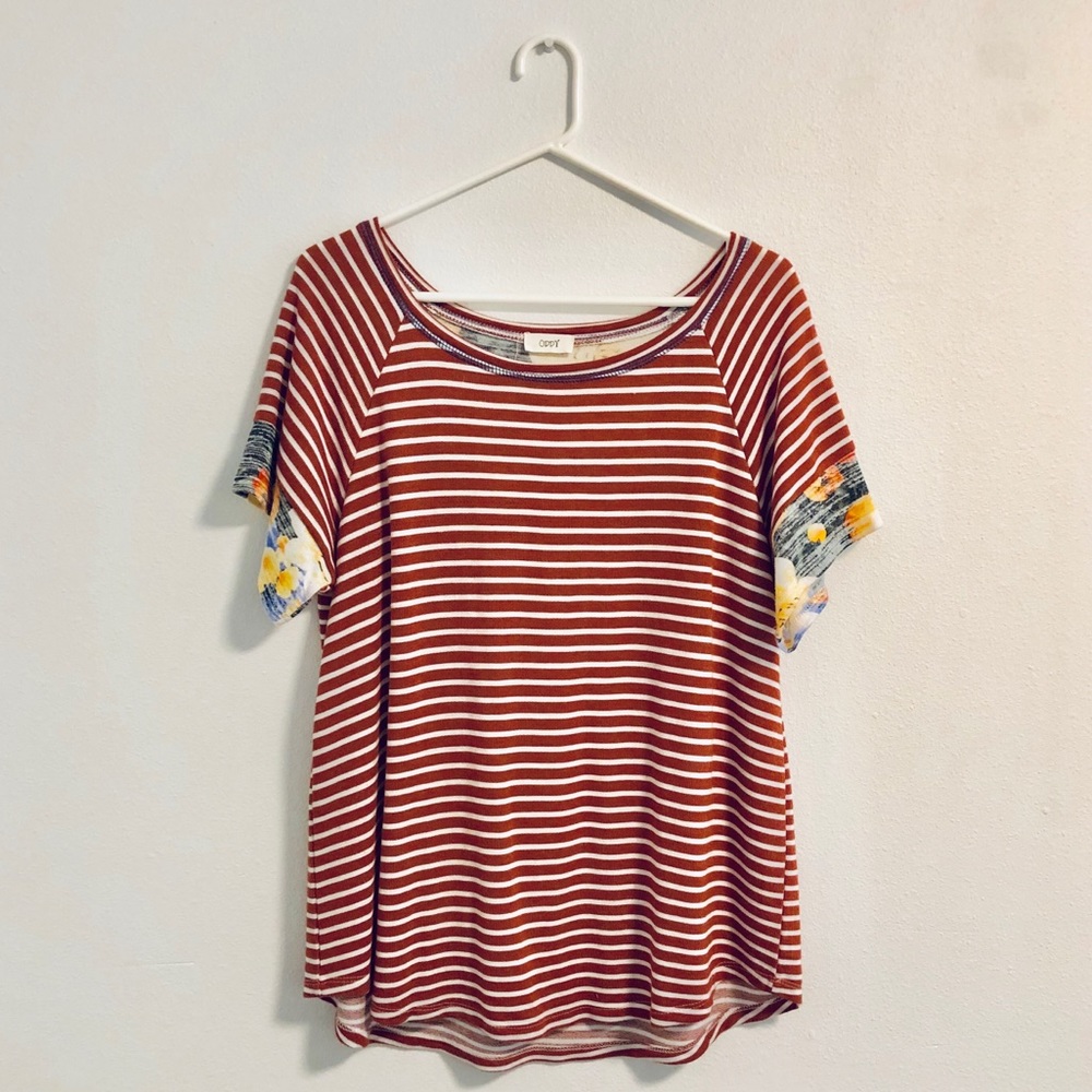 Striped tee with floral sleeves/back panel detail